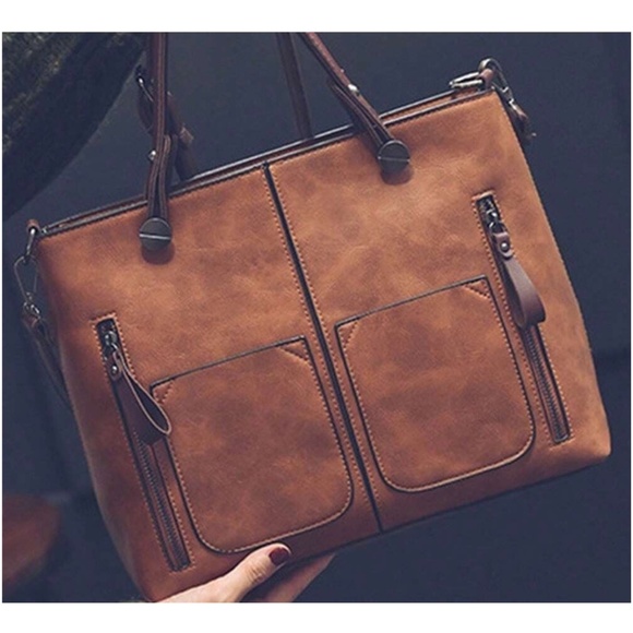 Handbags - Luxe Brown Vegan Leather Zipper Tote Bag